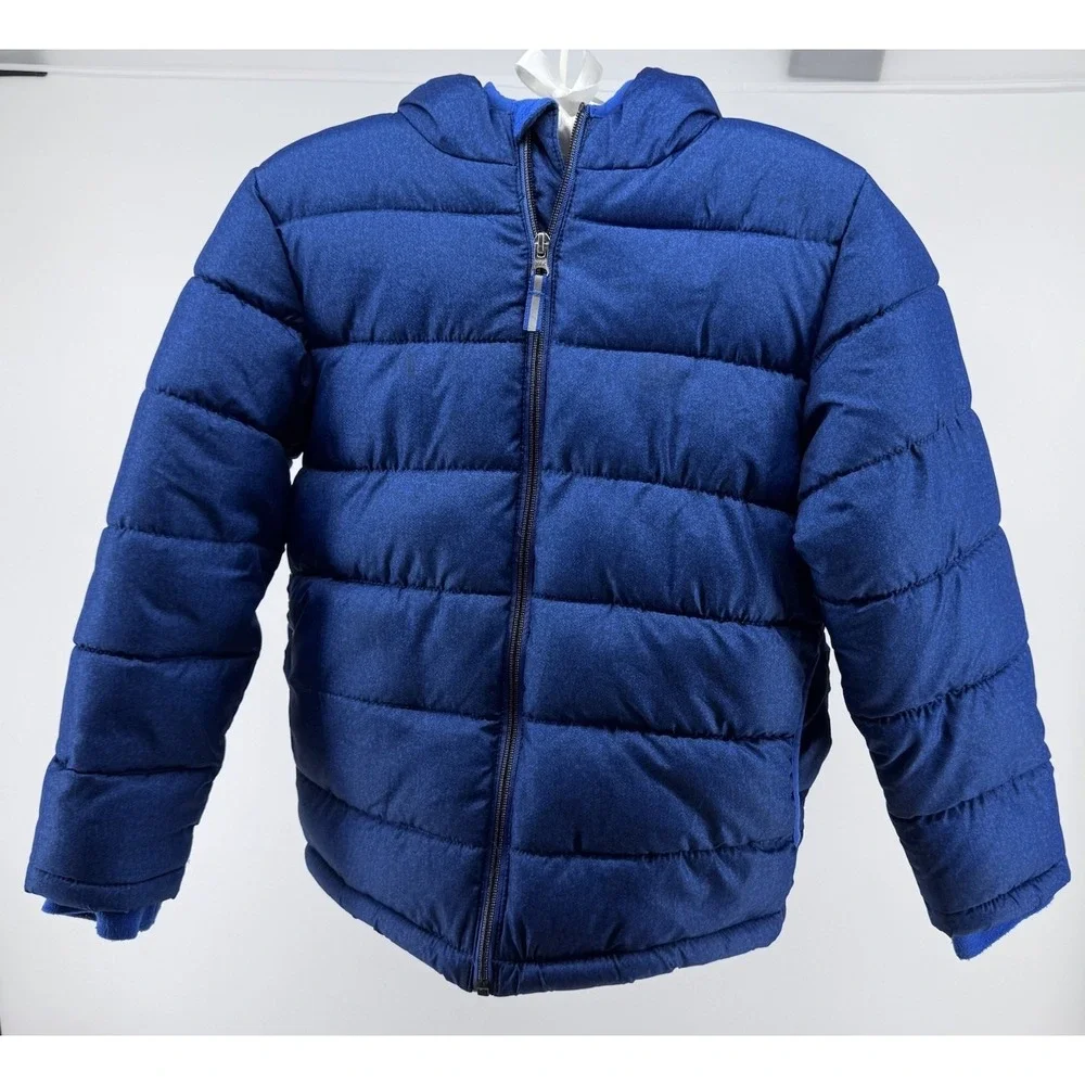 Faded Glory Boys Blue Hooded Puffer Jacket Fleece Lined Size M (8) Warm Coat